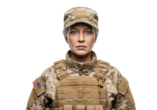 Isolated Middle-Aged Female Soldier with Gray Hair Wearing Military Camouflage Uniform Vest