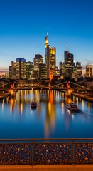Obraz premium Frankfurt Skyline at Dusk - A Stunning Cityscape Reflection.