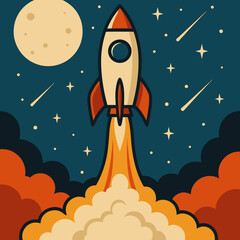 Rocket launch illustration in retro style with starry background and copy space