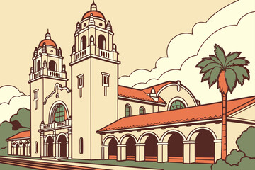 Naklejka premium San Diego Santa Fe Depot in California, Spanish Colonial Revival station with twin domed towers
