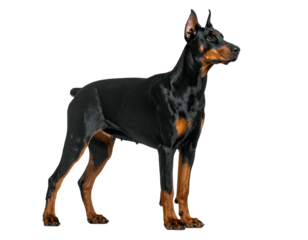 Sleek, muscular, alert Doberman Pinscher stands confidently against a stark black backdrop