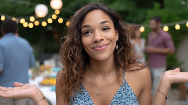 Young biracial woman smiling and making gestures at an outdoor backyard celebration. 