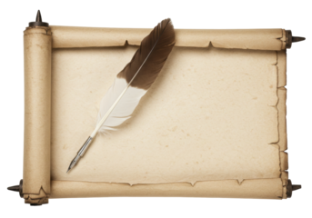 Antique scroll paper with quill pen isolated, vintage parchment for writing and calligraphy on no background PNG