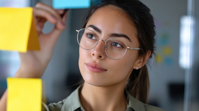 Young businesswoman of Latin American descent organizing sticky notes on a glass board for a marketing plan. - Powered by Adobe