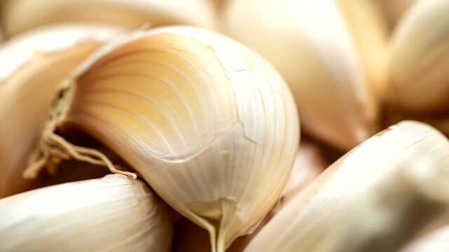 Close-up view of a cluster of fresh garlic bulbs, showcasing the intricate details of their layered skins.