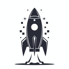 Retro Rocket Launching Stars with Square Design Elements on White Background