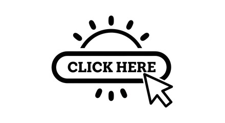 Click here button with cursor pointer icon isolated on white background