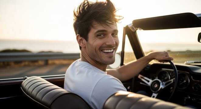 A man driving a convertible car on a scenic road at sunset.