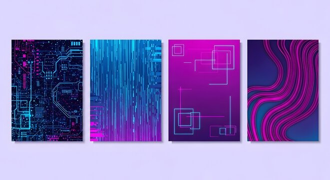 Abstract digital art with glowing lines and circuits in vibrant blue and pink neon colors on a purple background - Powered by Adobe