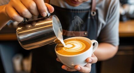 A barista pouring steamed milk into a cup of coffee with a heart-shaped design on the surface.