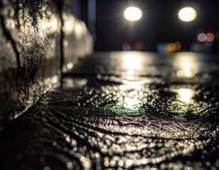 Abstract Blur of Yellow Lights on a Dark Asphalt Surface at Night