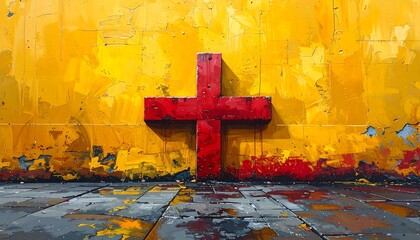 Abstract Red Cross on a Yellow Wall with Shadow and Water Reflection