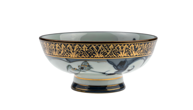 Antique pedestal bowl. Gold and blue design with floral and bird motifs