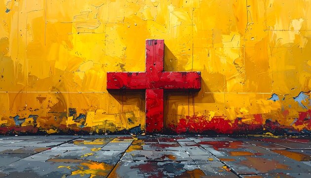 Abstract Red Cross on a Yellow Wall with Shadow and Water Reflection - Powered by Adobe