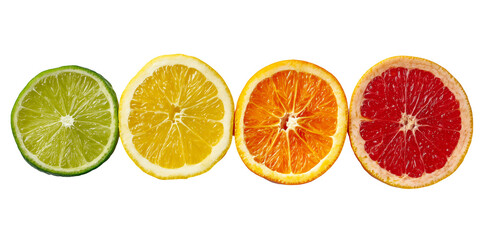 Close up of sliced lime, lemon, orange and grapefruit isolated on white and transparent background, concept for healthy lifestyle, refreshment ingredients and vitamin C source