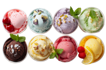 Overhead shot features various ice cream flavors in white paper cups against a black background, adorned with garnishes like cherries, nuts, and mint leaves. Concept for summer dessert, menu design