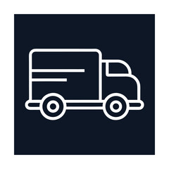 White outline icon of a delivery truck on a dark blue square background vector illustration