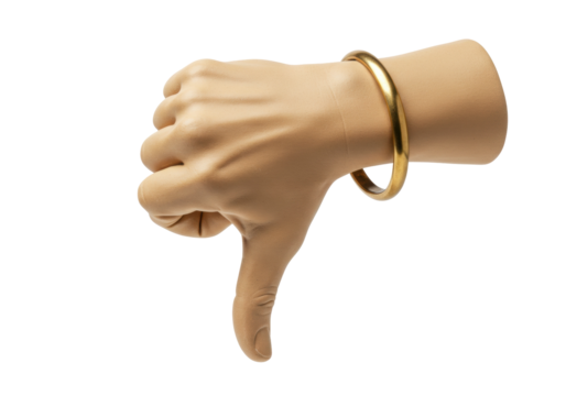 Mannequin hand giving thumbs down isolated on white, negative feedback gesture PNG, disapproval and rejection concept