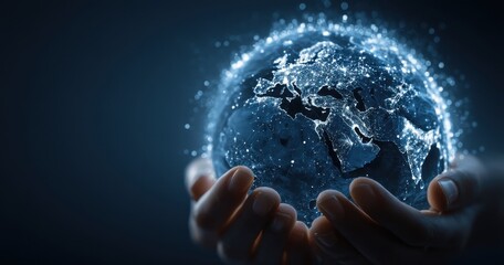 Hands Gently Holding a Glowing Digital Representation of Earth with Connections