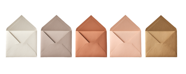 Isolated assortment of open blank envelopes in varying neutral tones arranged in a row on white and transparent background, concept for mail presentation, invitation design and stationery collection