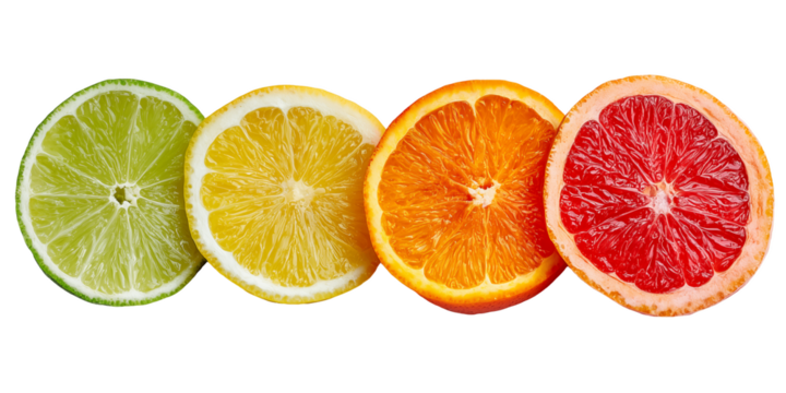Slices of lime, lemon, orange and grapefruit aligned on white and transparent background creating vibrant color palette. Concept for healthy eating, vitamin boost and refreshing fruit snacks