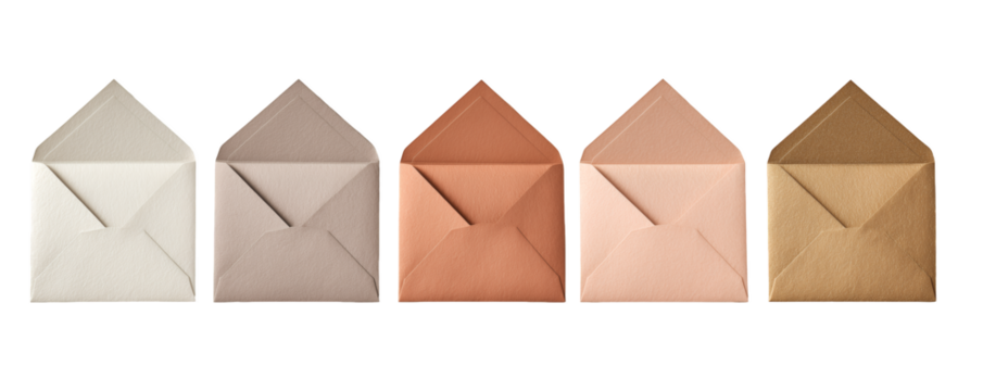 Isolated assortment of open blank envelopes in varying neutral tones arranged in a row on white and transparent background, concept for mail presentation, invitation design and stationery collection