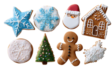 Festive array of decorated gingerbread cookies including Santa, tree, house, star, and gingerbread man isolated on black background, concept for holiday treats, seasonal baking, and Christmas