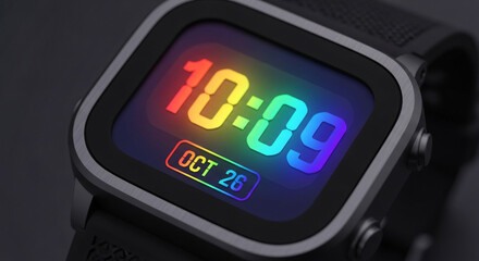 Smartwatch displaying a vibrant rainbowcolored time and date on its screen, set against a dark background, showcasing its modern and stylish design