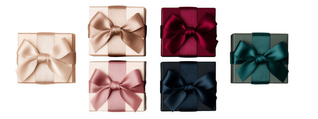 Elegant square gift boxes with satin ribbons and bows on a white and transparent background, concept for festive occasions, luxurious presents and birthday celebrations