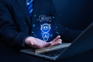 Businessman using laptop with glowing AI chatbot icon above hand, representing artificial intelligence, virtual assistant, machine learning, and digital communication technology in modern business.