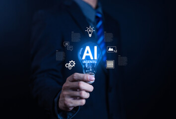 Businessman holding glowing light bulb with AI Agents text, symbolizing artificial intelligence, data analytics, machine learning, automation, and innovative digital technology in business solutions.