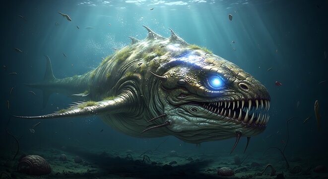 Underwater Leviathan - A Deep Sea Creature with Glowing Eyes.