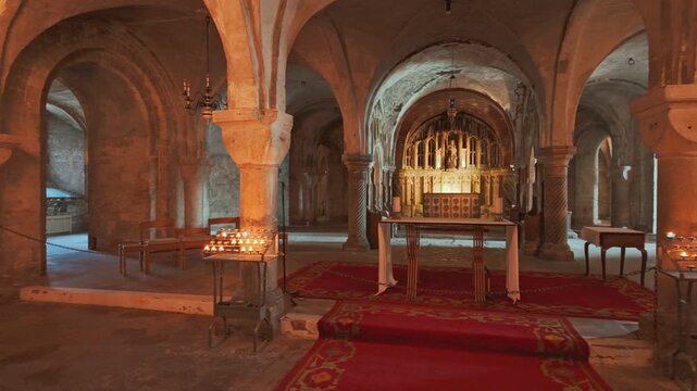 Interior of Canterbury Cathedral, Canterbury, Kent, England, UK, a UNESCO World Heritage Site, with soaring arches, choir stalls and patterned flooring