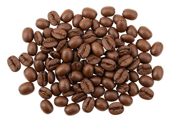 Fototapeta premium Isolated pile of rich brown coffee beans, aroma of roasted coffee for beverage preparation