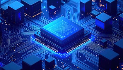 Abstract Blue Circuit Board with Glowing Light Square Electronic Chip