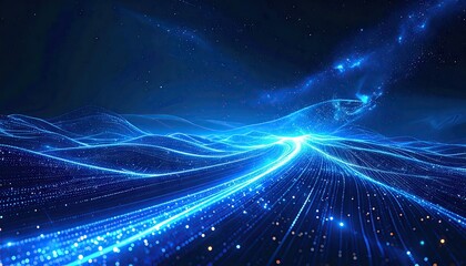 Abstract Blue Data Stream Visualization with Flowing Particles on Dark Background Creating Futuristic Network Connection in a Digital Landscape