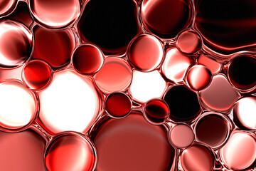 Abstract art pattern on hues red gradient on oil serum, sphere droplets surface textures, digital art wallpaper background.