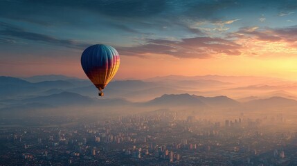 A vibrant hot air balloon floats above a sprawling cityscape at sunrise, surrounded by mountains and a serene sky, creating a breathtaking view.
