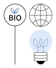 Bio label with leaves, grid-lined globe for global sustainability, and lightbulb with plant sprout. Ideal for ecology, environment, innovation, clean energy, global care, green living simple flat