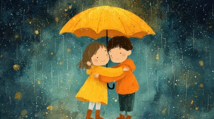Two children share a joyful moment under a bright yellow umbrella, embracing in the rain, surrounded by a whimsical, colorful backdrop.