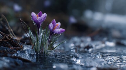 Delicate purple crocuses emerge from icy ground, surrounded by sparkling water, symbolizing beauty and resilience in nature.