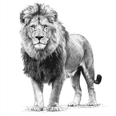 A detailed black-and-white illustration of a lion standing majestically, showcasing its powerful presence and distinctive mane.