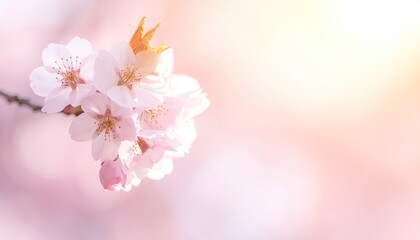 Fototapeta premium Cherry Blossoms in Warm Light, Pastel Pink and White Petals with Soft Focus and Lens Flare, Gentle Spring Season in Nature, Blurred Background, Delicate