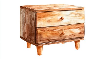 A wooden bedside table with two drawers and rounded legs, showcasing a natural finish and a simple, elegant design.
