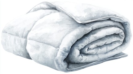 A plush, white blanket is neatly rolled, showcasing its soft texture and cozy appeal, ideal for warmth and comfort.