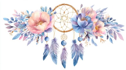 A colorful dreamcatcher adorned with pastel flowers and feathers, creating a whimsical and artistic design.