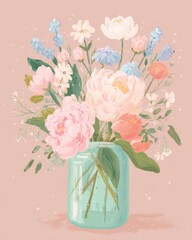 A beautiful illustration of a colorful floral arrangement in a glass jar, featuring various peonies, daisies, and other flowers against a soft pink background.