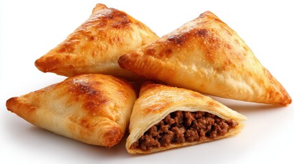 A delicious assortment of golden-brown pastries filled with minced meat, showcasing a crispy exterior and savory interior.