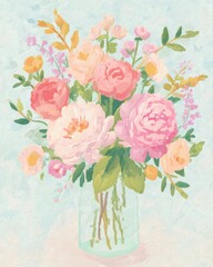 A beautifully arranged bouquet of colorful flowers in a glass vase, showcasing various blooms like peonies and roses against a soft pastel background.