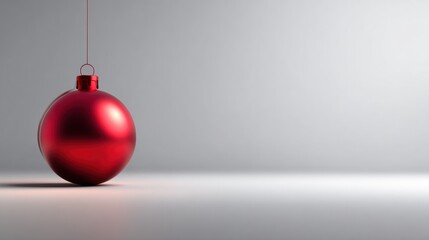 A shiny red Christmas ornament hangs against a simple gray background, evoking holiday cheer and festive decorations.